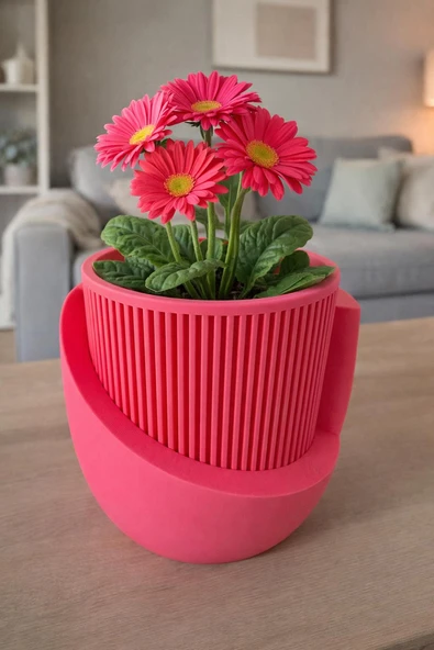 Omeyva Dekoratif Japandi Akıllı Çiftli Saksı Çiçek Kaktüs Bitki Yetiştirme Saksısı - 11 Cm. - Pembe ürün görseli 1