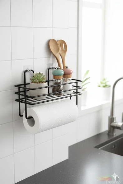 TncPatiShop Yapışkanlı Raflı Kağıt Rulo Havluluk Peçetelik Siyah Banyo Mutfak Düzenleyici Raf ürün görseli 1
