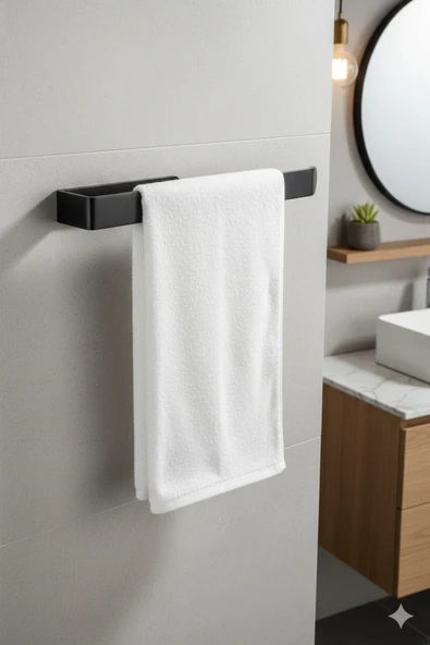 TncPatiShop Yapışkanlı Lüks Tasarım Lamalı Solo Havluluk Paslanmaz Siyah Havlu Tutucu Banyo Lavabo Mutfak Askısı ürün görseli 1