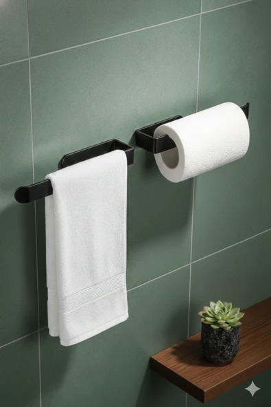TncPatiShop Yapışkanlı Metal Dolu Demir Solo Havluluk Paslanmaz Siyah Havlu Tutucu Banyo Lavabo Mutfak Askısı ürün görseli 1