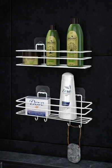TncPatiShop Yapışkanlı 4 Adet Kancalı Banyo Mutfak Rafı 2 Adet Banyo Duş Duvar Düzenleyici Organizer Raf Beyaz ürün görseli 1