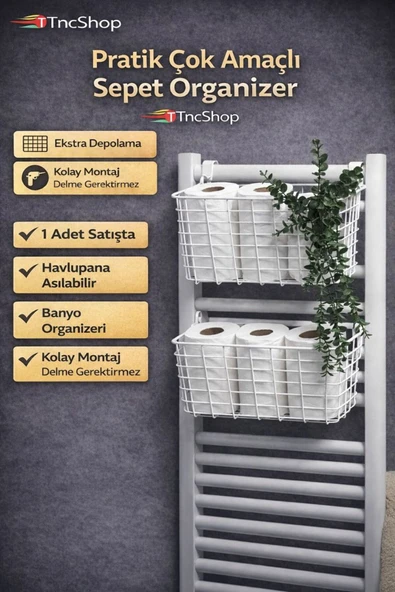 TncPatiShop Pratik Çok Amaçlı Sepet Organizer – Havlupana Asılabilir Banyo Düzenleyici (Beyaz) ürün görseli 1