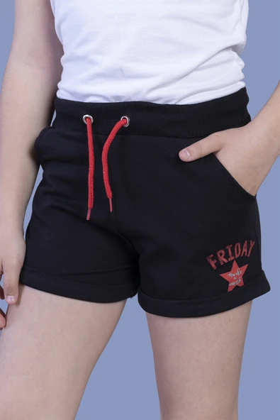 Toontoy Kız Çocuk Baskılı Beli Ribanalı Cepli Basic Şort ürün görseli 1