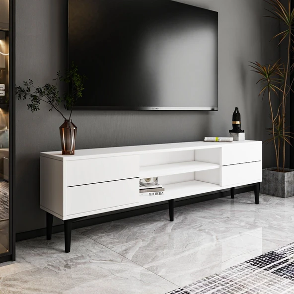 Aragon Modern TV Sehpası – 140 cm, 2 Kapaklı + 2 Açık Raflı  Beyaz ürün görseli 1