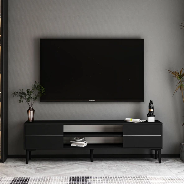 Aragon Modern TV Sehpası – 140 cm, 2 Kapaklı + 2 Açık Raflı  Siyah ürün görseli 1