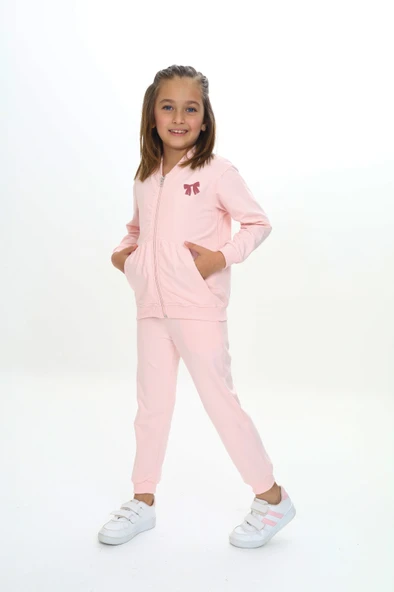 Toontoy Kız Çocuk 2'li Takım Baskılı Kapüşonlu Cepli Sweatshirt & Beli Paçası Lastikli Jogger Eşofman Altı - Renk Bloklu & 2 İplik ürün görseli 1