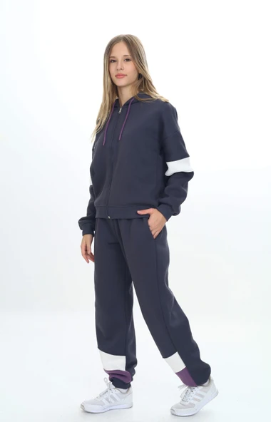Toontoy Kız Çocuk 2'li Takım Kapüşonlu Fermuarlı Sweatshirt & Beli Paçası Lastikli Jogger Eşofman Altı - Garni Detaylı & 3 İplik Şardonlu ürün görseli 1