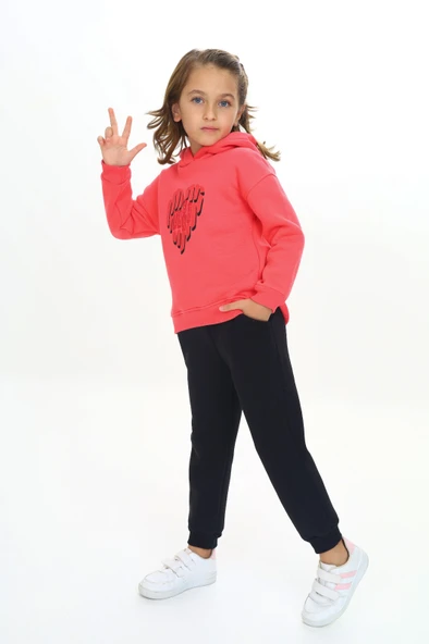 Toontoy Kız Çocuk 2'li Takım Baskılı Kapüşonlu Sweatshirt & Beli Paçası Lastikli Jogger Eşofman Altı - Renk Bloklu & 3 İplik Şardonlu ürün görseli 1