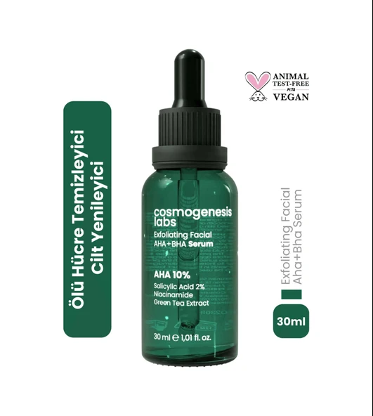 Cosmogenesis Labs AHA %10 BHA %2 Peeling Etkili Serum 30ml - Cilt Yenileyici Ölü Hücre Temizleyici Yeşil Çay Vegan ürün görseli 1