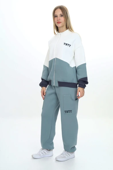 Toontoy Kız Çocuk 2'li Takım Baskılı Dik Yaka Fermuarlı Sweatshirt & Beli Paçası Lastikli Cepli Jogger Eşofman Altı - Renk Bloklu 3 İplik Şardonlu ürün görseli 1