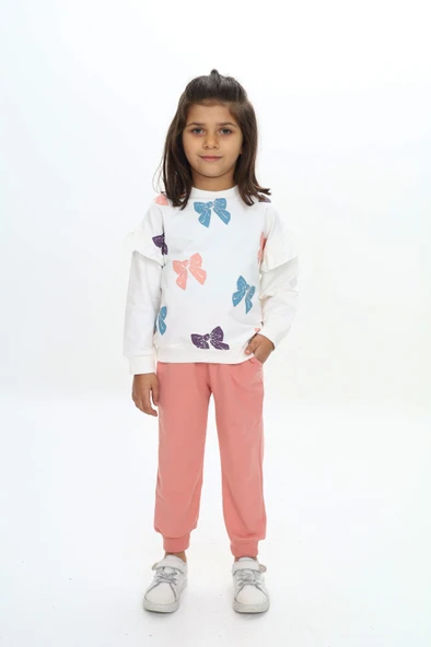 Toontoy Kız Çocuk 2'li Takım Baskılı Bisiklet Yaka Sweatshirt & Beli Lastikli Cepli Bol Paça Eşofman Altı - 2 İplik ürün görseli 1