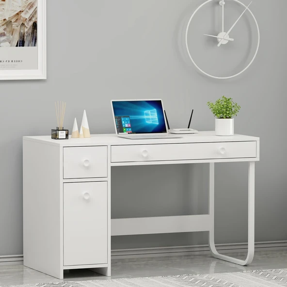 Asil ÇM002 Çalışma Masası – 2 Çekmeceli, 1 Kapaklı, Metal Ayaklı – Modern Bilgisayar Masası  Beyaz ürün görseli 1