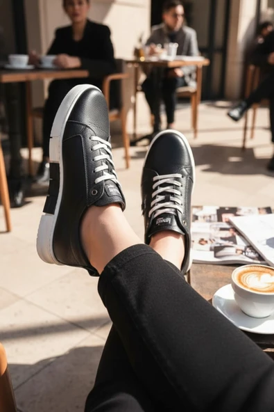 Enoch Hakiki Deri Siyah Bağcıklı Beyaz Tabanlı Erkek Comfort Sneaker ürün görseli 1