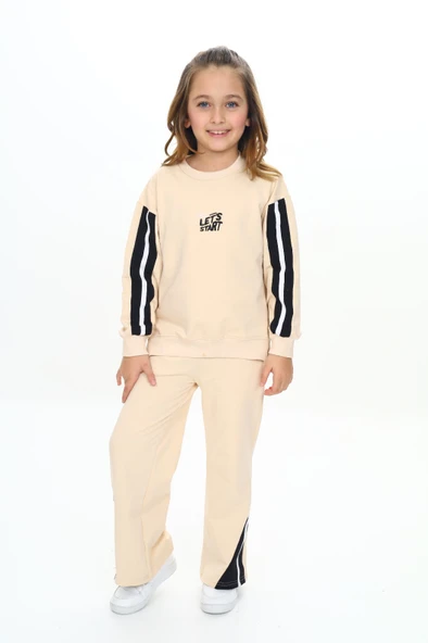 Toontoy Kız Çocuk 2'li Takım Baskılı Kolej Yaka Fermuarlı Reglan Kol Sweatshirt & Beli Paçası Ribanalı Jogger Eşofman Altı - 2 İplik ürün görseli 1