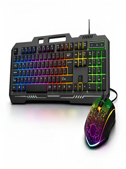 Mekanik RGB Oyuncu Klavye Mouse Seti 105 Tuş LED Işıklı Kablolu Gaming Klavye Siyah ürün görseli 1