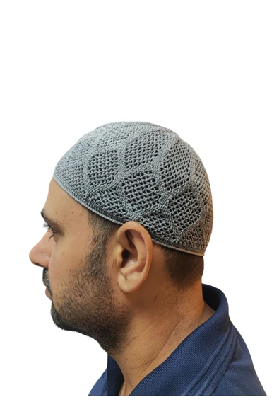 El Örgü Modeli Triko Makine Örme Namaz Takkesi Gri ürün görseli 1