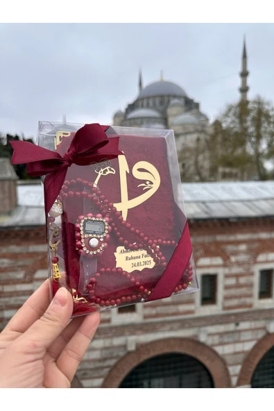 Bordo Asetat Kutuda Yasin İnci Tesbih ve Zikirmatik Seti (10 Adet) ürün görseli 1