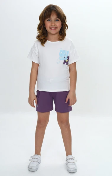 Toontoy Kız Çocuk 2'li Takım Baskılı Bisiklet Yaka T-Shirt & Beli Lastikli Tek Cepli Şort ürün görseli 1