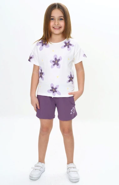 Toontoy Kız Çocuk 2'li Takım Baskılı Bisiklet Yaka T-Shirt & Beli Lastikli Cepli Şort ürün görseli 1