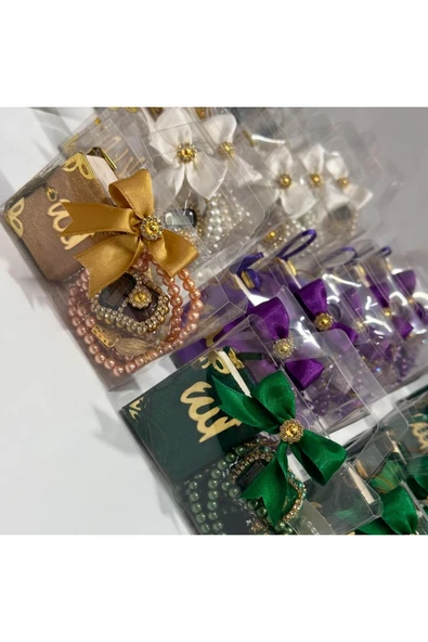 10'lu Paket İsim Pleksili Şeffaf Çantalı Set, Mini Kuranı Kerim, Cam İnci Tesbih, Taşlı Zikirmatik ürün görseli 1
