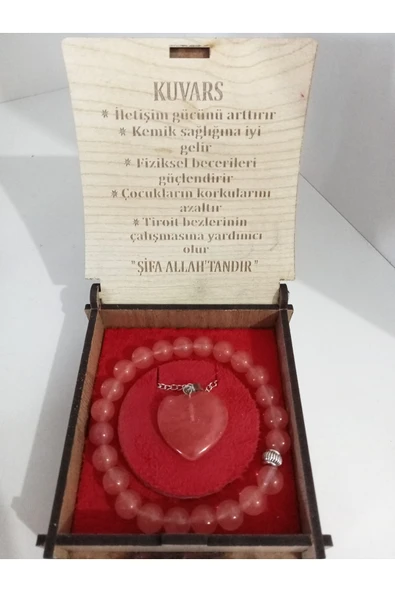 Pembe Kuvars Doğal Taş Kolye Bileklik Ahşap Kutulu ürün görseli 1