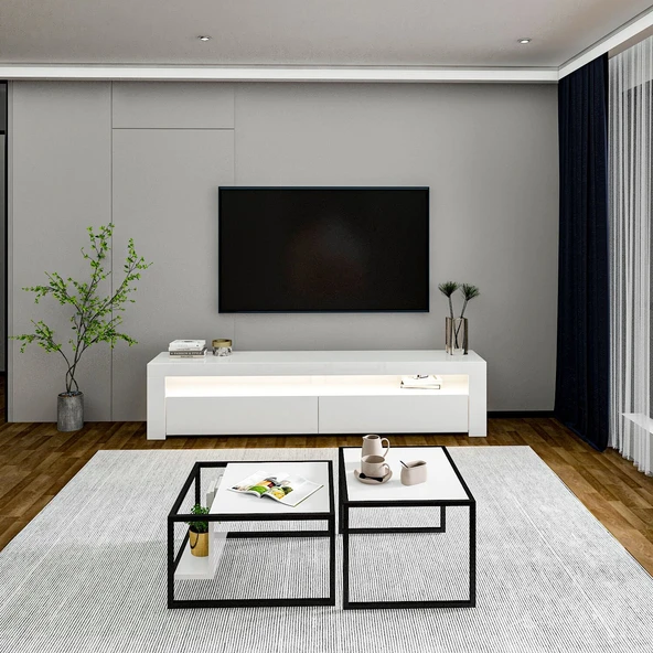 Batı LED Işıklı TV Sehpası ve Modern İkili Orta Sehpa SET  Beyaz ürün görseli 1
