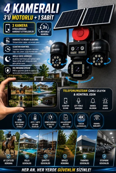 Ventus 4 Kameralı ( 3 Motorlu +1 Sabit) 12MP Sirenli Çift Solar Panel 20800Mah Batarya HiEasy Güvenlik Kamerası ürün görseli 1