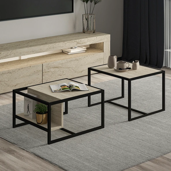 Batı LED Işıklı TV Sehpası ve Modern İkili Orta Sehpa SET  Traverten ürün görseli 1