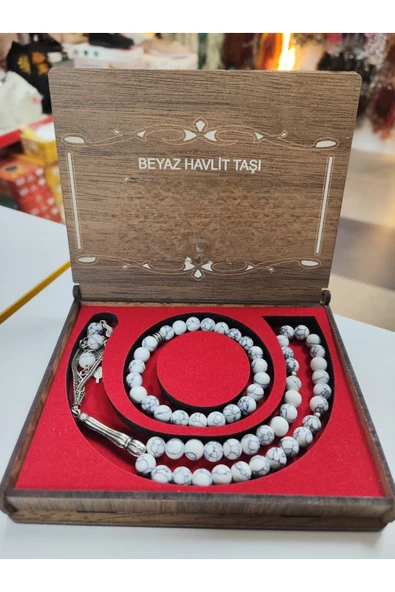 Doğal Taş Beyaz Havlit Taşı Tesbih ve Bileklik Set ürün görseli 1