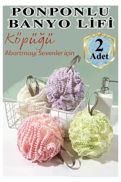 Banyo Lifi Ponponlu 2 Adet İnce Fileli Esnek ve Yumuşak Banyo Lifi Duş Banyo Kesesi Kaliteli Top Lif ürün görseli 1
