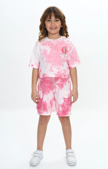 Toontoy Kız Çocuk 2'li Takım Batik Baskılı Bisiklet Yaka T-Shirt & Beli Lastikli Cepli Şort ürün görseli 1