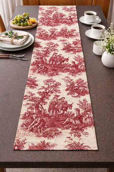 Toile de Jouy | %100 Pamuk Dekoratif Masa Runner 40x110 cm - ZT310  Kırmızı ürün görseli 1
