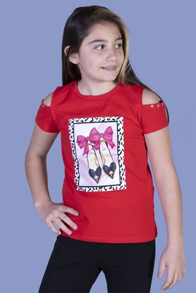 Toontoy Kız Çocuk Baskılı Bisiklet Yaka Kısa Kollu Tişört - Omuzları Açık ürün görseli 1