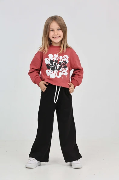 Toontoy Kız Çocuk 2'li Takım Baskılı Bisiklet Yaka Sweatshirt & Beli Lastikli Cepli Bol Paça Eşofman Altı - Renk Bloklu & 2 İplik ürün görseli 1