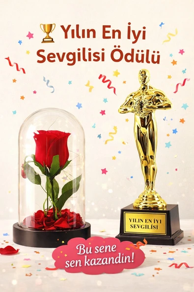Sevgililer Gününe Romantik Hediye Yılın En İyi Sevgilisi Oscar Biblo ve Işıklı Mika Fanus Gül Seti ürün görseli 1