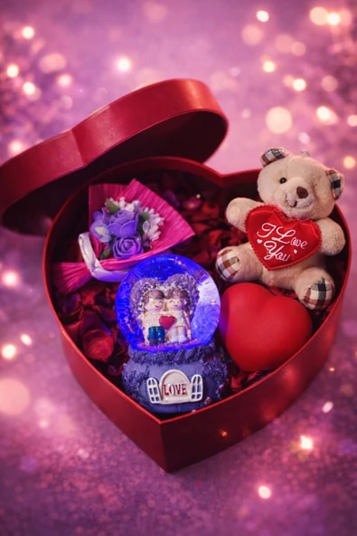 Sevgiliye Romantik Hediye Kutusu Işıklı Kalp Mor Kar Küresi Peluş Ayıcık ve Gül Buketi Hediye Seti02 ürün görseli 1