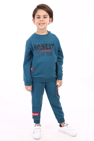 Toontoy Erkek Çocuk 2'li Takım Arma Detaylı Baskılı Bisiklet Yaka Sweatshirt & Beli Paçası Lastikli Cepli Jogger Eşofman Altı - 2 İplik ürün görseli 1