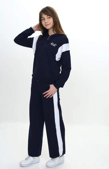 Toontoy Kız Çocuk 2'li Takım Baskılı Kapüşonlu Fermuarlı Cepli Sweatshirt & Beli Lastikli Paçası Ayarlanabilir Eşofman Altı - Garni Detaylı & 2 İplik ürün görseli 1