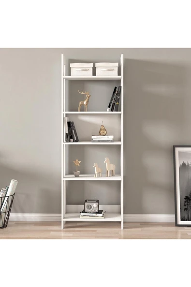 Country Dekoratif 5 Raflı Ev-ofis Kitaplık, Modern Kütüphane  Beyaz ürün görseli 1