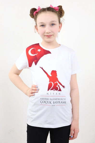 Unisex 23 Nisan Baskılı Bisiklet Yaka Kısa Kollu Tişört ürün görseli 1