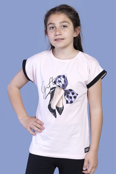 Toontoy Kız Çocuk Baskılı Bisiklet Yaka Kısa Kollu Tişört ürün görseli 1