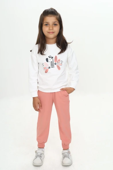 Toontoy Kız Çocuk 2'li Takım Baskılı Bisiklet Yaka Sweatshirt & Beli Paçası Lastikli Jogger Eşofman Altı - Renk Bloklu & 2 İplik ürün görseli 1