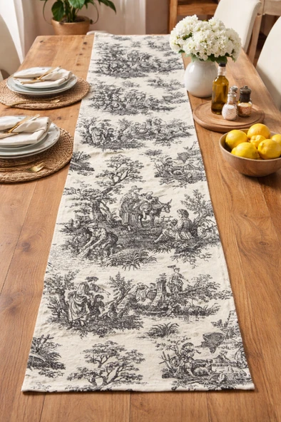 Toile de Jouy | %100 Pamuk Dekoratif Masa Runner 40x110 cm - ZT310  siyah ürün görseli 1