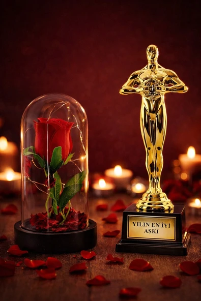 Sevgililer Gününe Romantik Hediye Seti Yılın En İyi Aşkı Oscar Biblo ve Işıklı Mika Fanus Gül Seti ürün görseli 1