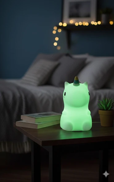 Dekoratif Aydınlatma Sevimli Unicorn Silikon Renk Değiştiren LED USBli Çocuk Odası Gece Masa Lambası ürün görseli 1