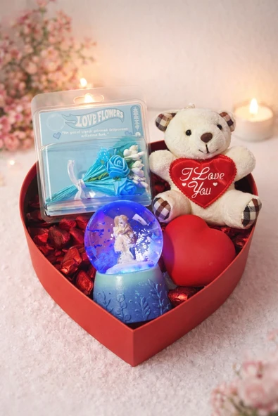 Sevgiliye Romantik Hediye Kutusu Işıklı Kalp Mavi Kar Küresi Peluş Ayıcık ve Gül Buketi Hediye Set03 ürün görseli 1
