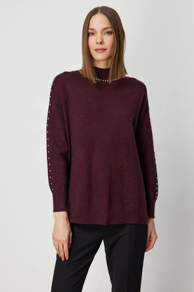 On Fashion Kadın Zımba Detaylı Bordo Kazak 60307 ürün görseli 1