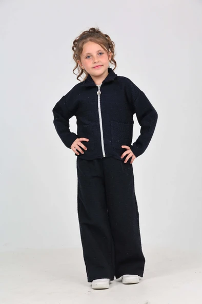 Toontoy Kız Çocuk 2'li Takım Gömlek Yaka Fermuarlı Cepli Sweatshirt & Beli Lastikli Bol Paça Eşofman Altı - Dokuma Şanel Tuvit Chanel ürün görseli 1