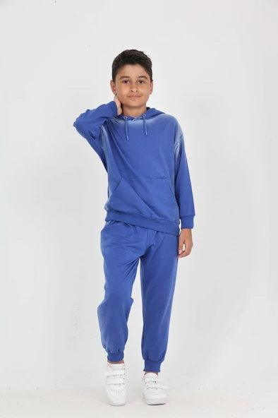 Toontoy Erkek Çocuk 2'li Takım Eskitme Baskılı Kapüşonlu Cepli Sweatshirt & Beli Paçası Lastikli Cepli Jogger Eşofman Altı - 2 İplik ürün görseli 1