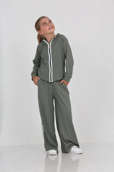 Toontoy Kız Çocuk 2'li Takım Kapüşonlu Fermuarlı Reglan Kol Sweatshirt & Beli Lastikli Bol Paça Eşofman Altı - Şerit Detaylı & Fitilli ürün görseli 1
